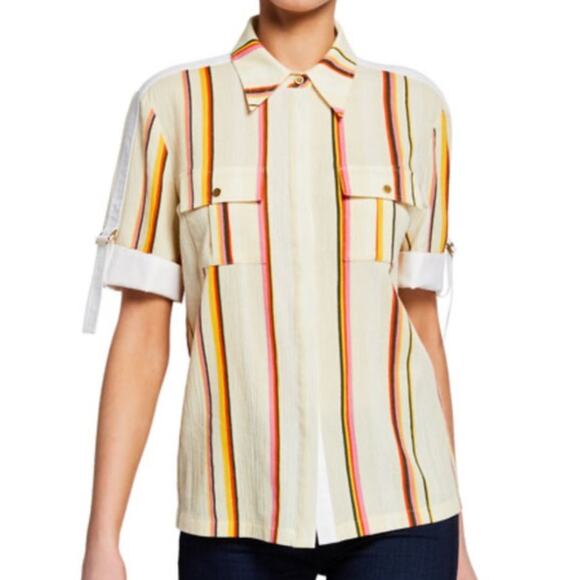 Tory Burch Canyon Stripe Cotton Shirt Size 6 Collared Multicolor Button Down - Picture 1 of 12